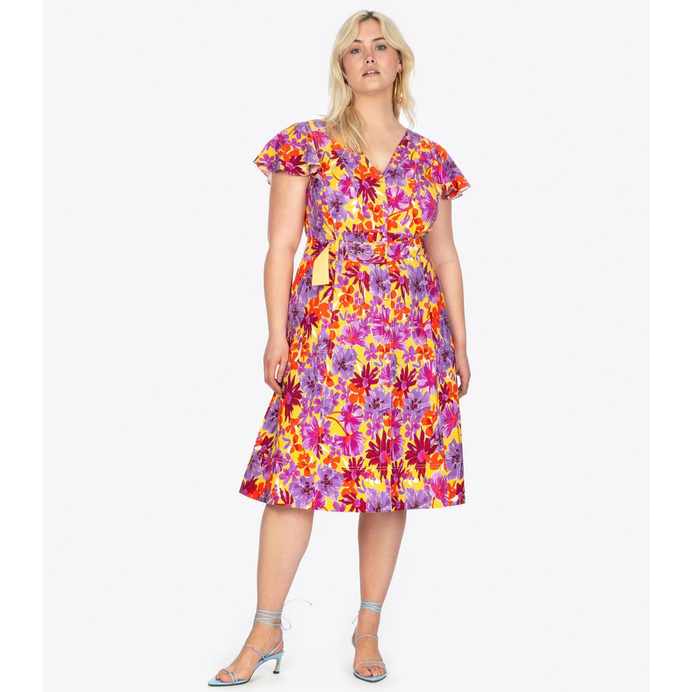 New $545 TANYA TAYLOR Linen Blend Inez Midi Dress Belted Floral A-Line Wedding